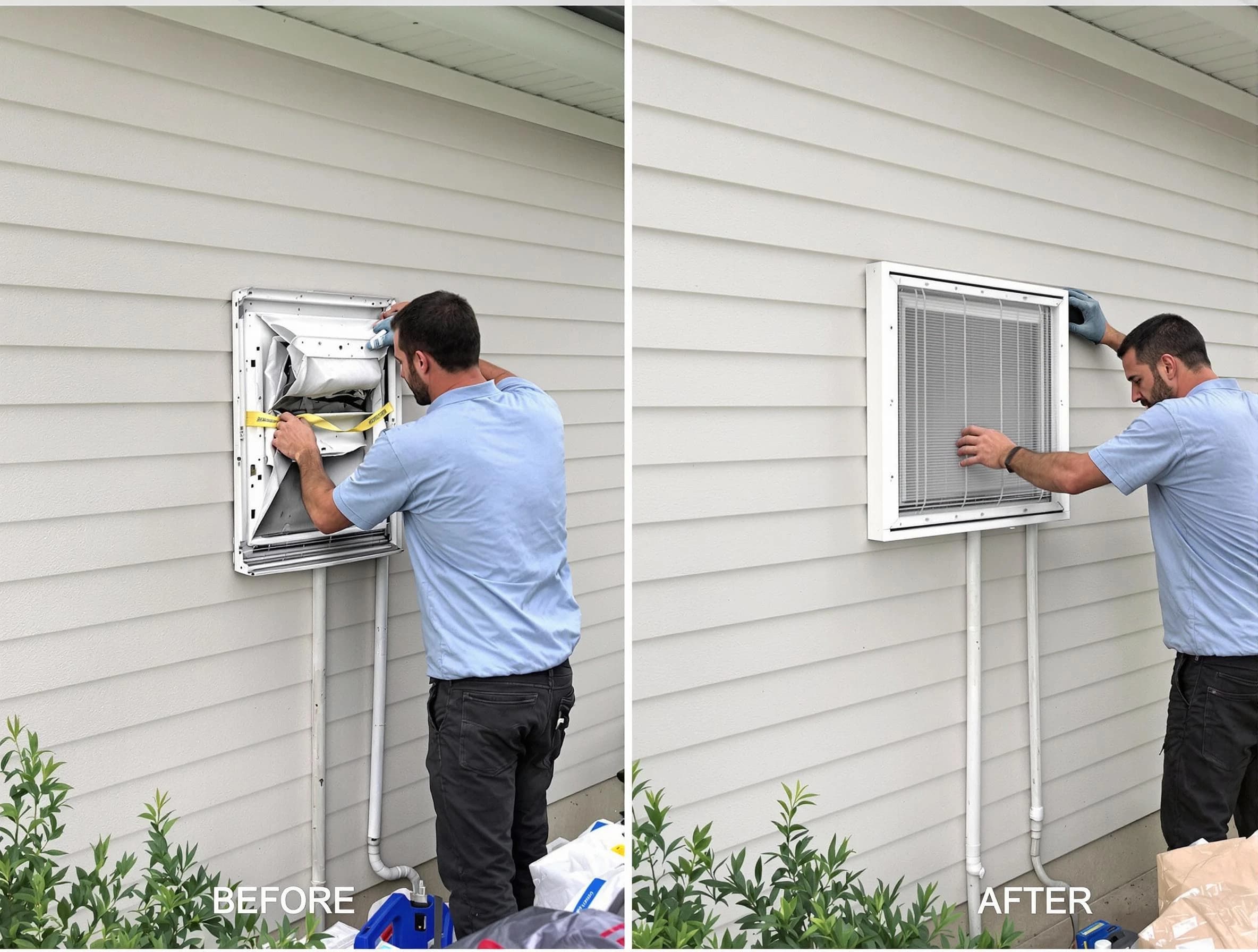 Jonesboro Dryer Vent Cleaning technician installing high-quality dryer vent cover at a residential property in Jonesboro