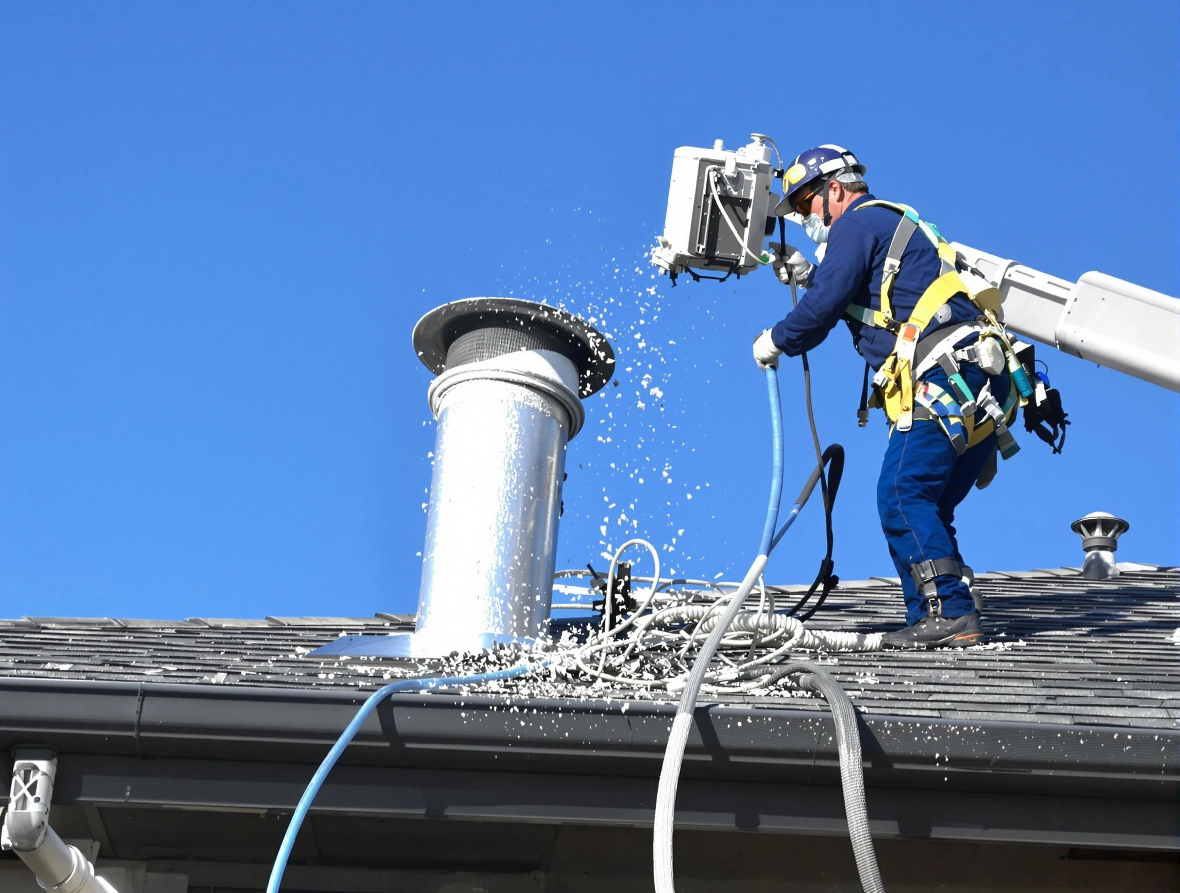 Jonesboro Dryer Vent Cleaning certified technician safely cleaning a roof-mounted dryer vent in Jonesboro